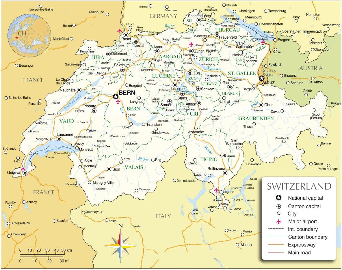 международные аэропорты Швейцарии на карте