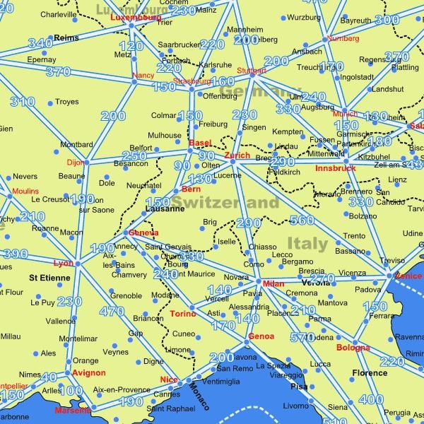 карта Швейцарии карта с расстояниями